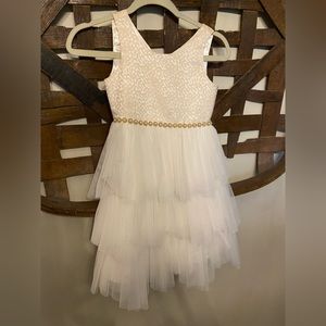 Only worn 2 times. Beautiful cream tool, pearls, and brocade girl’s dress.